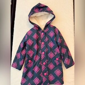 Hatley Kids Sherpa Lined Raincoat with Pink and Navy Pattern